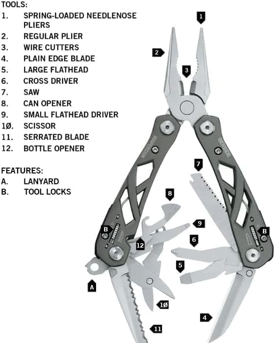 Gerber Gear Suspension 12-in-1 EDC Multi-Plier Multitool with Pocket Knife, Needle Nose Pliers, Wire Cutters and More, Gifts for Men, Camping and Survival, Grey