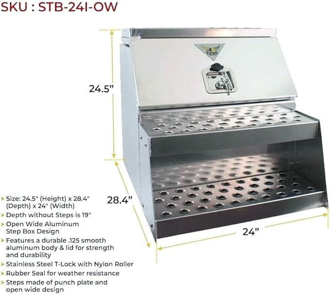 Mytee Products 24.5"x28.4"x24" Aluminum Side Mount Semi Truck Tool Box with Saddle Step Open Wide Design & T-Handle Latch Lock - Heavy Duty Weather Tight Step Tool Box for Flatbed Trailer