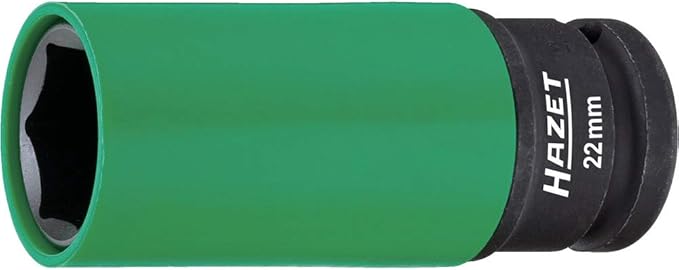 HAZET 903SLG-22 1/2 Inch Impact Socket, 22 Mm AF, External Hexagonal Traction Profile, For Aluminum Rims, Color-Coded Plastic Sleeve Green