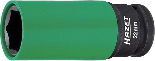 HAZET 903SLG-22 1/2 Inch Impact Socket, 22 Mm AF, External Hexagonal Traction Profile, For Aluminum Rims, Color-Coded Plastic Sleeve Green