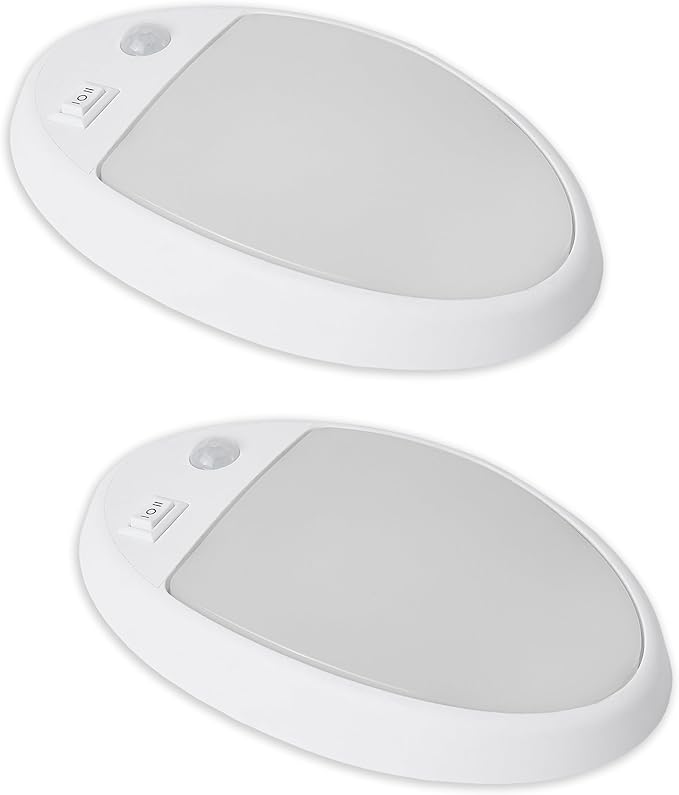 Facon 2Pack 12V DC RV Interior Light with PIR Motion Sensor & 3-Way Switch - Small Oval Pancake Ceiling Dome Light, 4000K Cool White, ETL Listed for RV, Motorhome, Camper, Boat