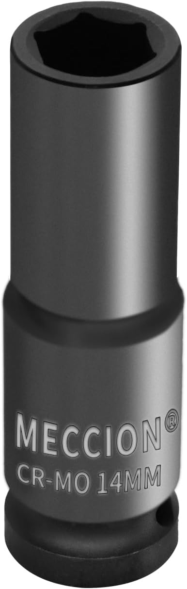 Meccion 1/2 Inch Drive Impact Socket 14mm Metric, 6 Point Cr-Mo Deep Impact Socket, 78mm Length