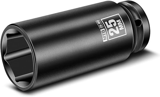 MTO 1/2" Drive 25mm Deep Impact Socket, 6 Pt. Metric Socket, CR-MO Steel & Anti-Corrosion Coating for Heavy-Duty Use