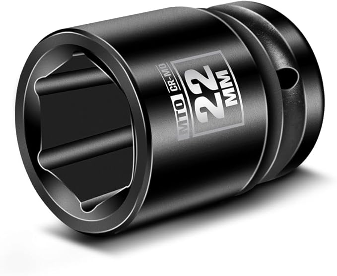MTO 1/2" Drive 22mm Shallow Impact Socket, 6-Point Metric Socket, CR-MO Steel & Anti-Corrosion Coating for Tight Spaces and Heavy-Duty Tasks