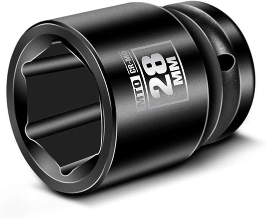 MTO 1/2" Drive 28mm Shallow Impact Socket, 6-Point Metric Socket, CR-MO Steel & Anti-Corrosion Coating for Tight Spaces and Heavy-Duty Tasks