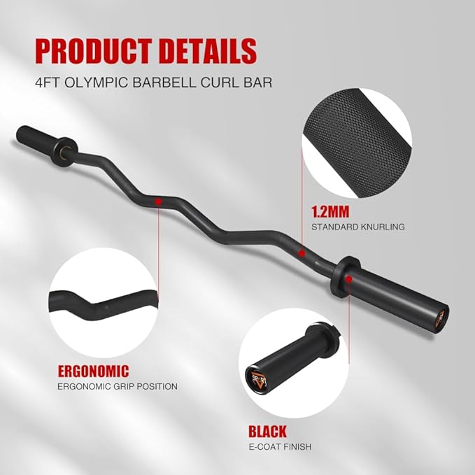 Olympic EZ Curl Bar, 47INCH/4FT Strength Training Curling Bar with Knurled Grip, Chrome Finish, Copper Sleeve Barbell for 2-inch Weight Plates, 500 LBS Capacity