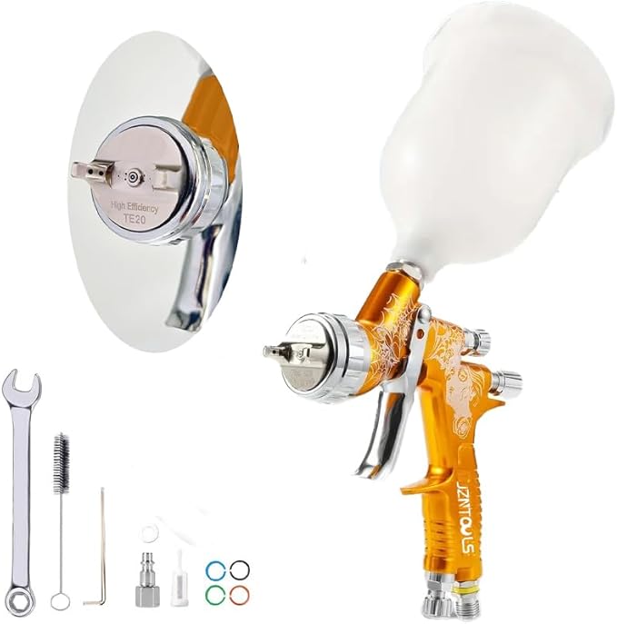 TE20 HVLP Air Spray Gun 1.3mm Nozzles, Car Paint Gun Sprayer,Forged Body, Anodised Finish，Paint Gun for Varnish and Top Coat, with Paint Sprayer Accessories (Gold)