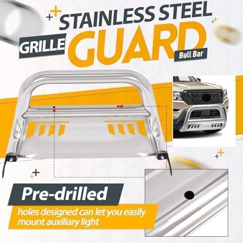 KUAFU Front Bull Bar Compatible with 2022 2023 2024 2025 Nissan Frontier Pickup Truck 3” Front Bumper Brush Grille Grill Guard Stainless Steel Polishing Silvery