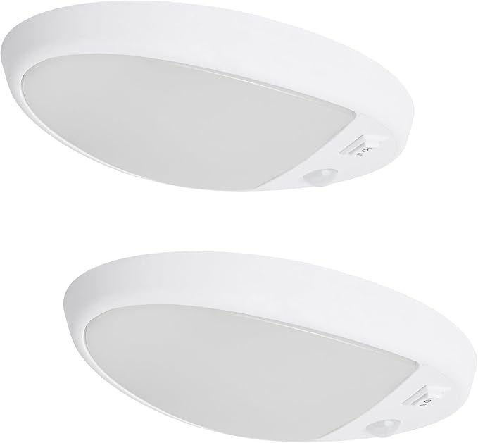 Facon 2Pack 12V DC RV Interior Light with PIR Motion Sensor & 3-Way Switch - Small Oval Pancake Ceiling Dome Light, 6000K Daylight White, ETL Listed for RV, Motorhome, Camper, Boat