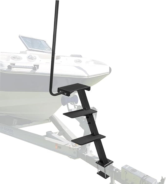 Boat Trailer Step, Heavy Duty Steel 3 Steps Ladder for Boat Trailer Tongue with Left or Right Adjustable Handrail, 450lbs Capacity, Black