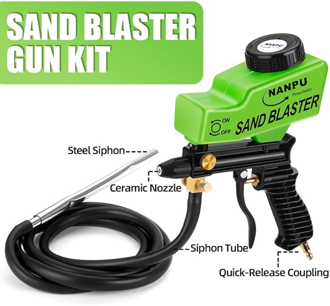 NANPU Light-Duty Air Sandblaster Gun Kit with Siphon & Gravity Feed, Ceramic Nozzle, Metal Body, for Small Project Surface Prep, Paint & Rust Removal, Metal/Wood/Glass Etching, Requires Air Compressor