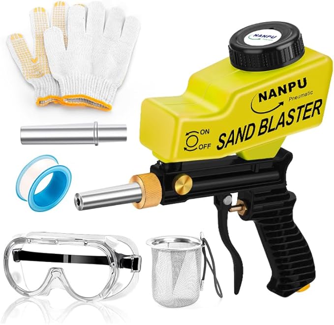 NANPU Light-Duty Air Sandblaster Gun Kit with Gravity Feed, Metal Nozzle, Plastic Body, for Small Project Surface Prep, Paint & Rust Removal, Metal/Wood/Glass Etching, Requires Air Compressor