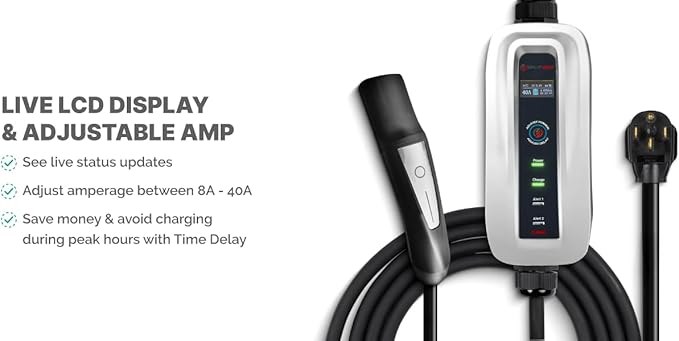 Splitvolt Level 2 Adjustable EV Charger 240v, 26 ft Cable, NEMA 14-50, Adjustable up to 40 Amps Live LCD Screen Time Delay Start Function, NEC Fast 50A Circuit Charging J3400 NACS Plug