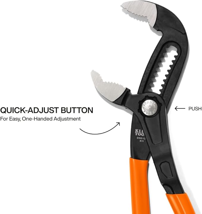Klein Tools D50512B 12-Inch Adjustable Pliers, Quick-Adjust Klaw Pump Pliers, V-Jaw, Hardened Teeth for Maximum Torque