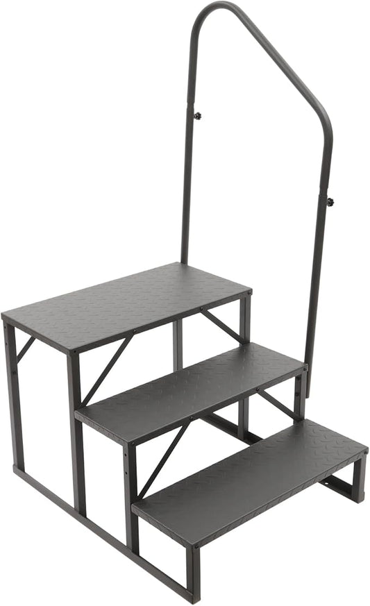 RV Steps with Handrail, 3 Steps RV Ladders with Anti-Slip Pedals, Mobile Home Stairs for Travel Trailers, Heavy Duty Camper Steps for Camper, Porch, Spa