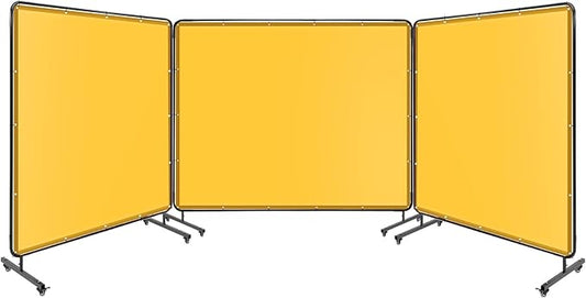 3 Panel 8x6 FT Vinyl Welding Screen with Frame, Flame-Resistant PVC Welding Curtain with Lockable Swivel Wheels, Transparent Welding Screen Panel for Welding Safety, Yellow