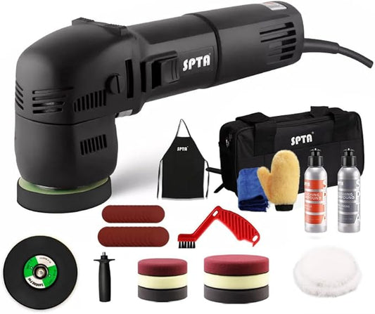SPTA Mini Orbital Polisher - 3 Inch 10mm/780W Variable Speed Dual Action With Polishing Pads, Sanding Discs, Pad Conditioning Brush