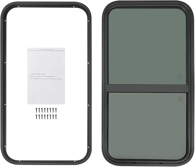 RV Window, 18" X 35" Universal RV Window Vertical Slide W/Trim Ring, Vertical Sliding Glass Window with Screen Window for Cargo, Horse Trailer, Marine Camper Window Replacement(18" X 35")