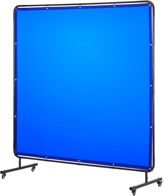 VEVOR Welding Screen with Frame, 6 x 6 FT Welding Curtain Screen, Flame-Resistant Vinyl Safety Protection Screens with Lockable Swivel Wheels & 6-Level UV Protection for Workshop/Industrial Use, Blue