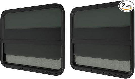 2 Pack 30" W x 24" H RV Window Vertical Sliding, DOT Certified - Shatterproof Tempered Tinted Glass, with Net Screen and Trim Ring, Teardrop Replacement Trailer Camper Window