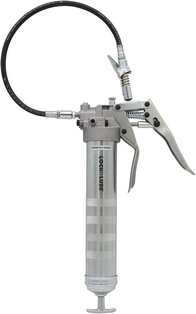 LockNLube Professional Dual-Mode Pistol Grip Grease Gun. Includes LockNLube® Grease Coupler, high-quality 20" hose and in-line hose swivel.