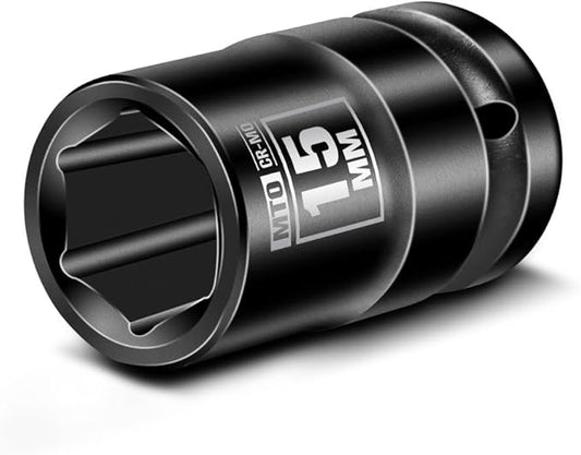 MTO 1/2" Drive 15mm Shallow Impact Socket, 6-Point Metric Socket, CR-MO Steel & Anti-Corrosion Coating for Tight Spaces and Heavy-Duty Tasks