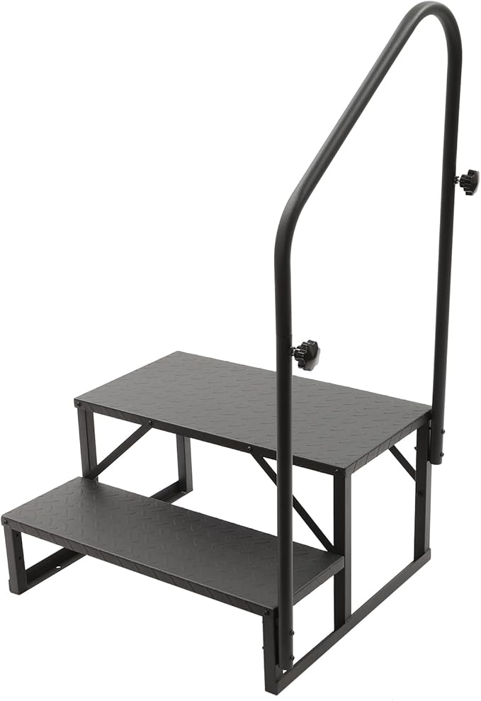 RV Steps with Handrail, 2 Step RV Ladders with Anti-Slip Pedals, Mobile Home Stairs for Travel Trailers, Heavy Duty Camper Steps for Camper, Porch, Spa