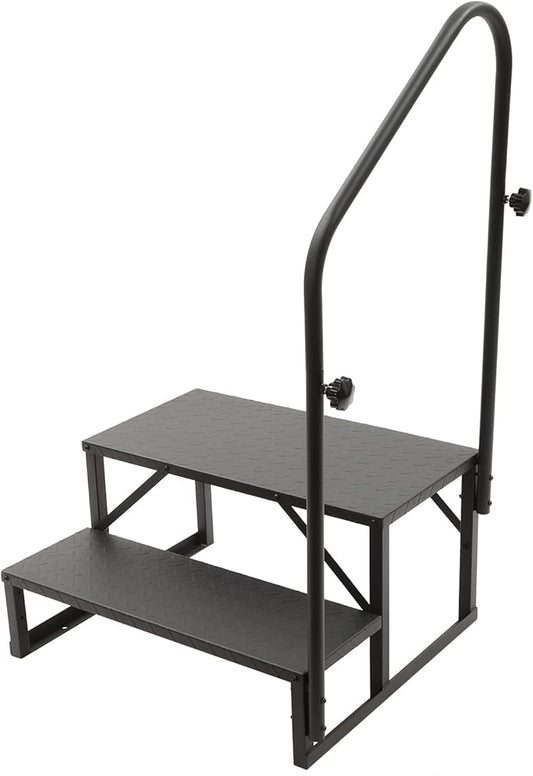 RV Steps with Handrail, 2 Step RV Ladders with Anti-Slip Pedals, Mobile Home Stairs for Travel Trailers, Heavy Duty Camper Steps for Camper, Porch, Spa