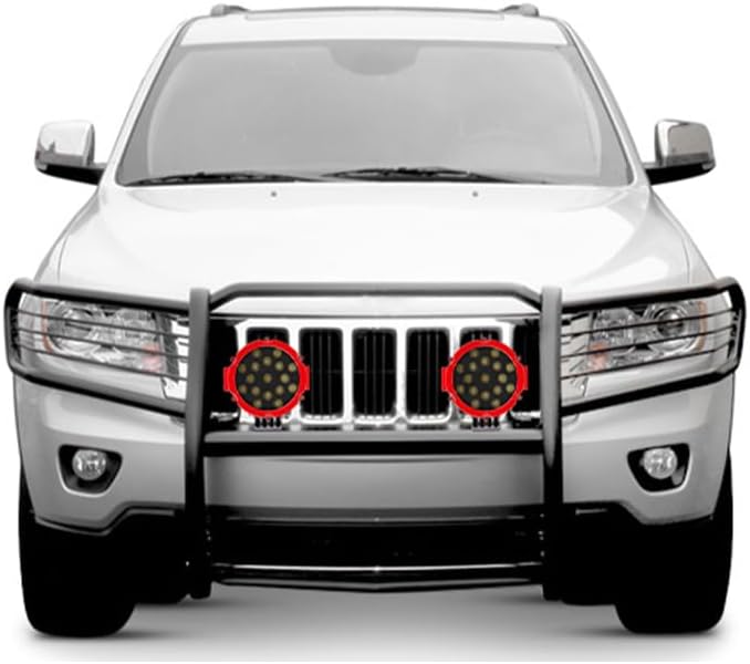 Black Horse Grille brush Bumper Guard Modular Black Come With pair of 7.0"Dia.LED Lights with Red Trim Rings Compatible with 2005-2010 Jeep Grand Cherokee-17A080200MA-PLR