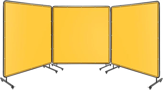 3 Panel 6x6 FT Vinyl Welding Screen with Frame, Flame-Resistant PVC Welding Curtain with Lockable Swivel Wheels, Transparent Welding Screen Panel for Welding Safety, Yellow