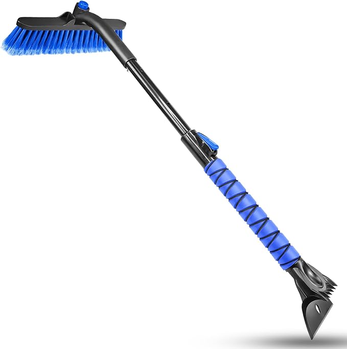 35'' Snow Brush and Ice Scraper for Car Windshield, Retractable Durable Aluminum Rod Foam Grip for Efficient Snow Frost Ice Removal Winter Tools for SUV Trucks Cars Window