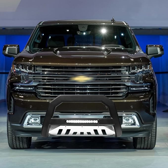 Matte Black AVT Style Aluminum LED Light Bull Bar Brush Push Front Bumper Grill Grille Guard With Stainless Skid Plate Compatible With 19-21 Chevy Silverado GMC Sierra 1500/2022 LTD Limited