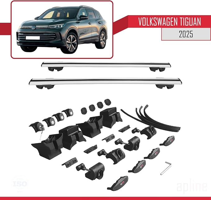 Compatible with Volkswagen Tiguan 2025 Hook Model Car Roof Rack Cross Bar Grey Aluminium 2 Bars