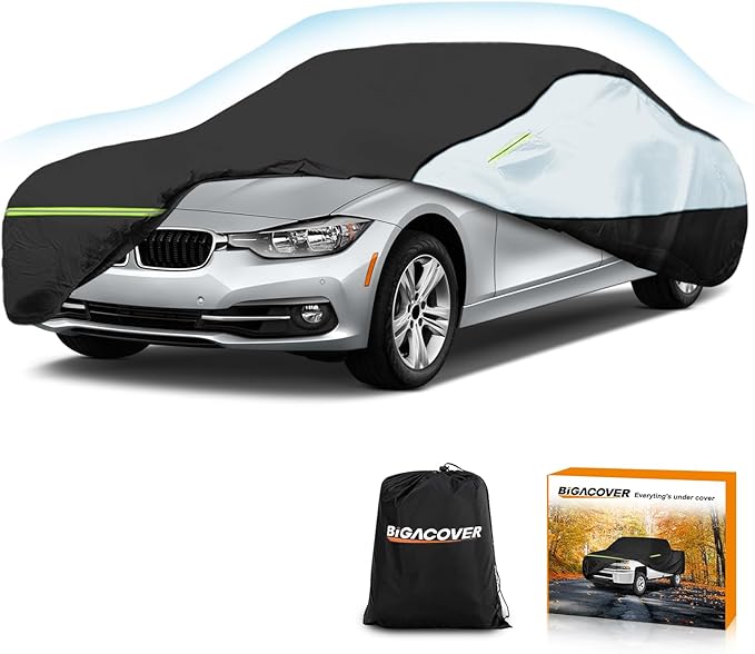 Universal Sedan Car Cover Fit for Mercedes-Benz C-Class, BMW 3 Series, Audi A3,Waterproof All Weather Heavy Duty Anti-UV Windproof Snow Protection - 177''~185''(L)