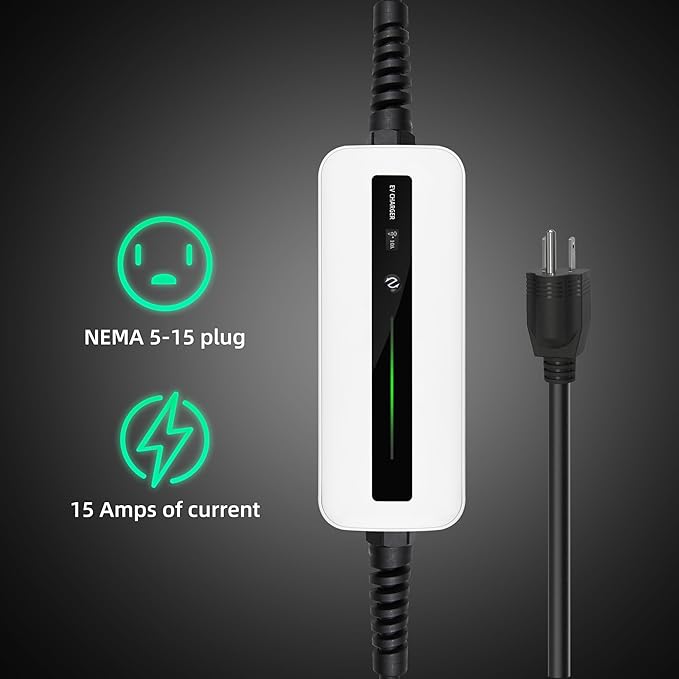 15A EV Charger Level 1 NEMA5-15P ev Charging Cable 100V-120V Portable EVSE SAE J1772 Plug Home Electric Vehicle Charging Station Compatible with All EV Cars 6m (20 feet)