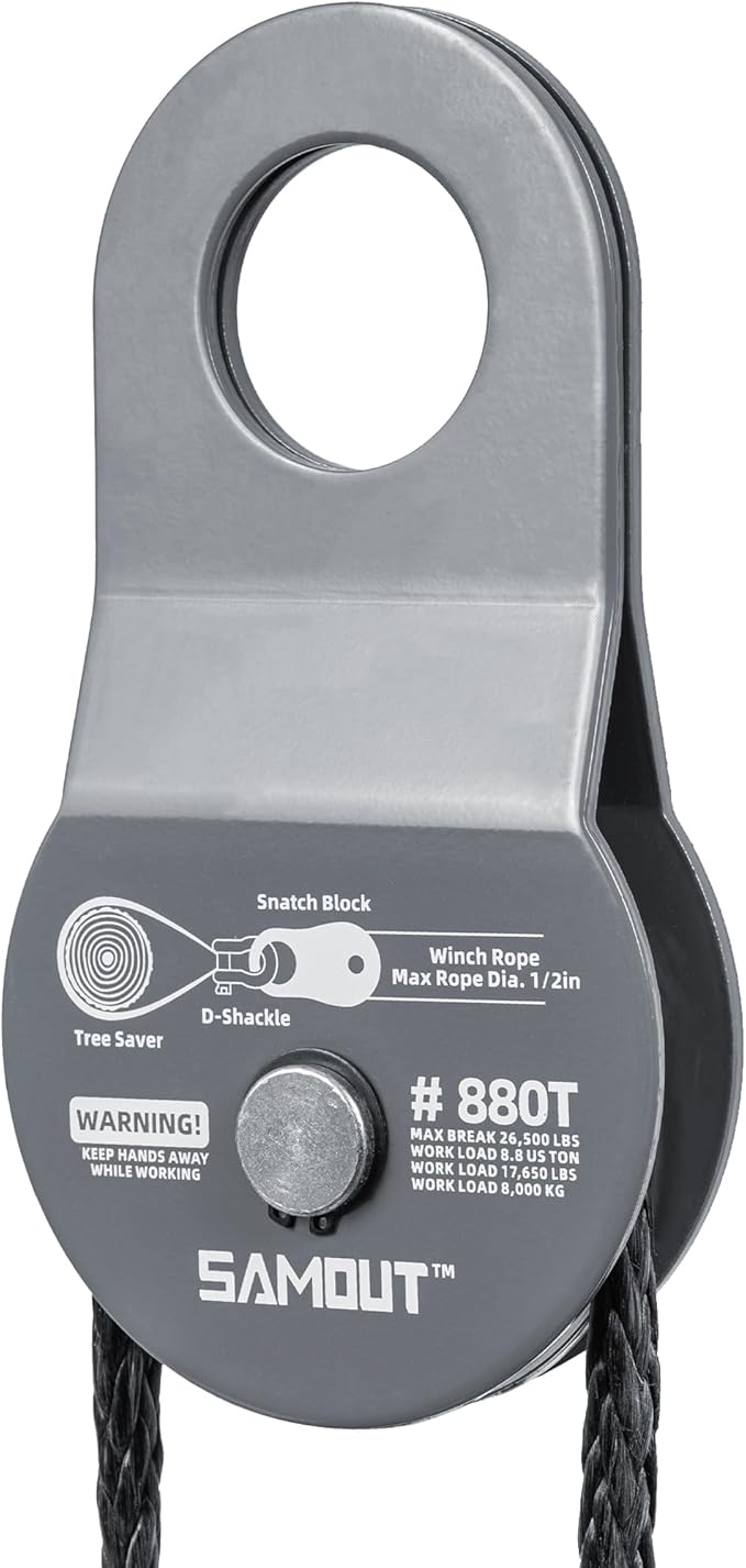 Winch Snatch Block (8.8 US Ton WLL) Recovery Towing Pulley System for Synthetic Rope or Steel Cable with Max Dia. 1/2in