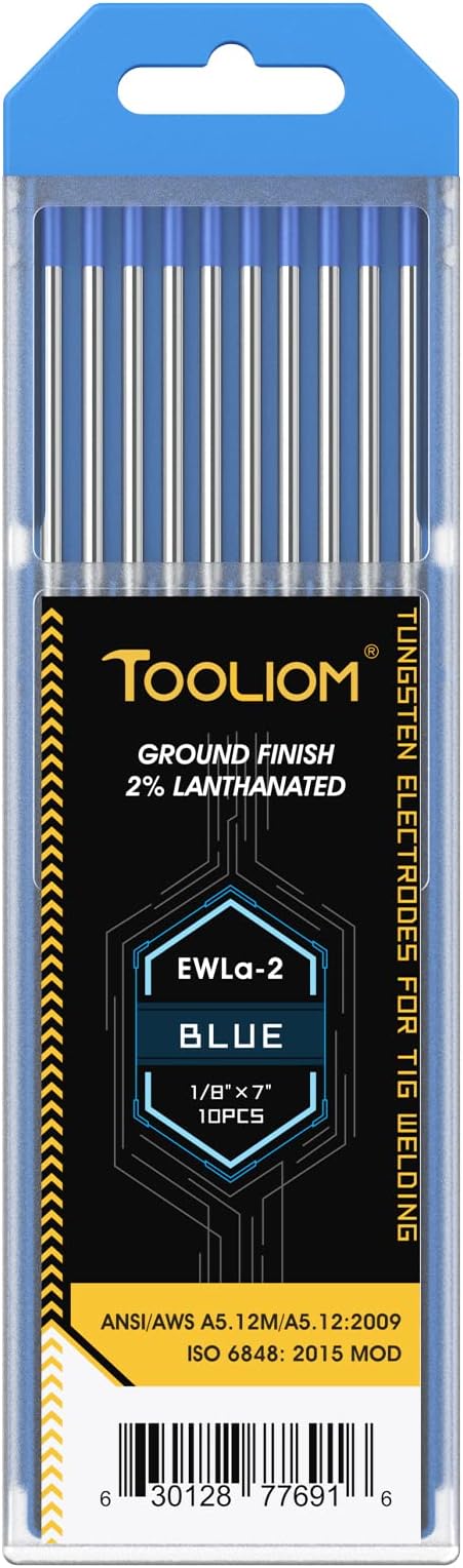TOOLIOM Tig Tungsten Welding Tungsten Electrodes 2% Lanthanted Tungsten 1/8" x 7" (Blue,Ewla-2) 10-Pack