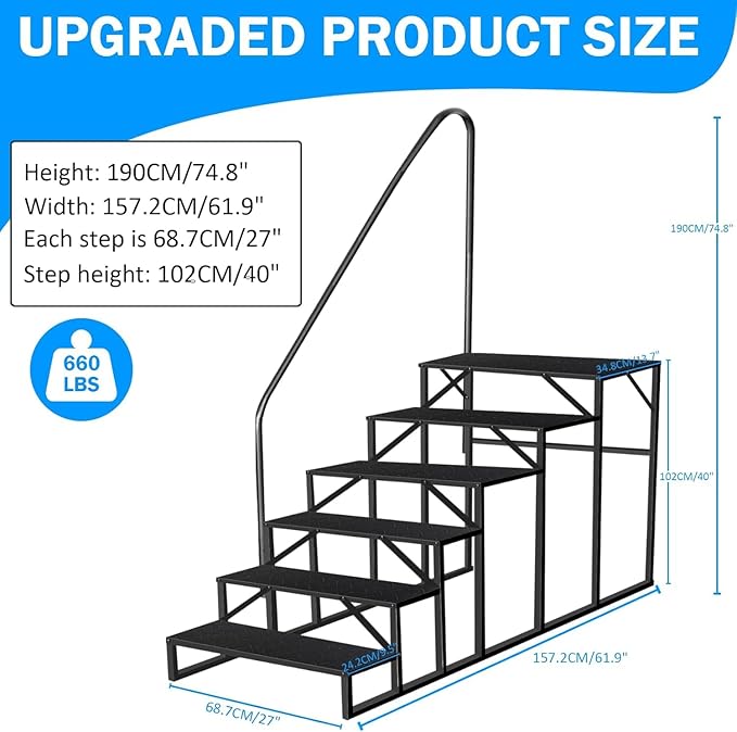 RV Steps with Handrail, 6 Step RV Stairs 660lbs Load Capacity, Heavy Duty Camper Steps with Wide & Anti-Slip Platform, Portable Outdoor Metal Entry Stairs for Hot Tub, Mobile Home, Travel Trailers