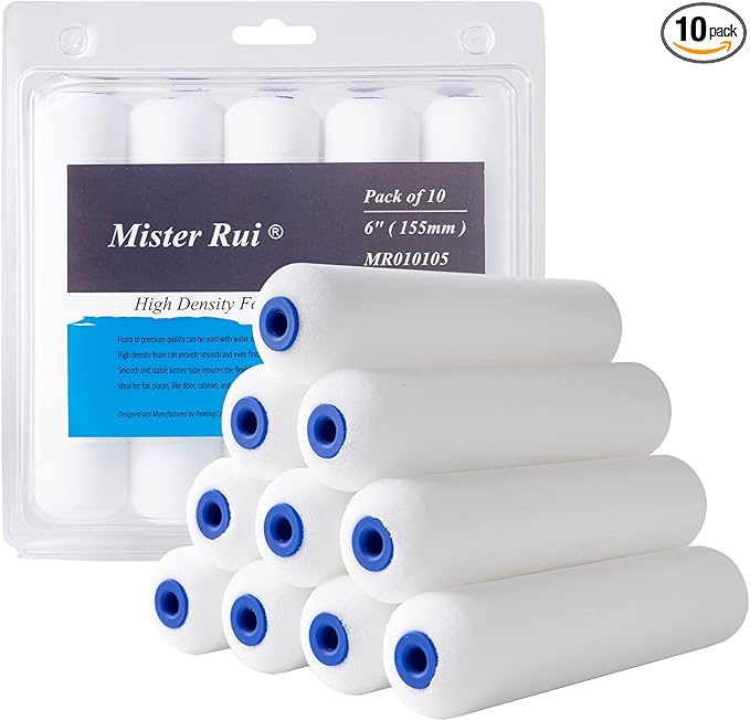 Mister Rui Foam Paint Roller, 10 Pack, 6 Inch Foam Roller, High Density Foam Roller Paint, Mini Foam Paint Roller 6 Inch, Use with All Paints, Painting in Smooth Surface