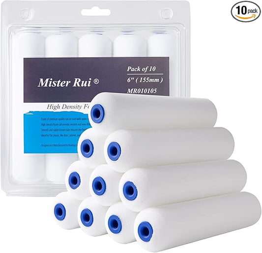 Mister Rui Foam Paint Roller, 10 Pack, 6 Inch Foam Roller, High Density Foam Roller Paint, Mini Foam Paint Roller 6 Inch, Use with All Paints, Painting in Smooth Surface