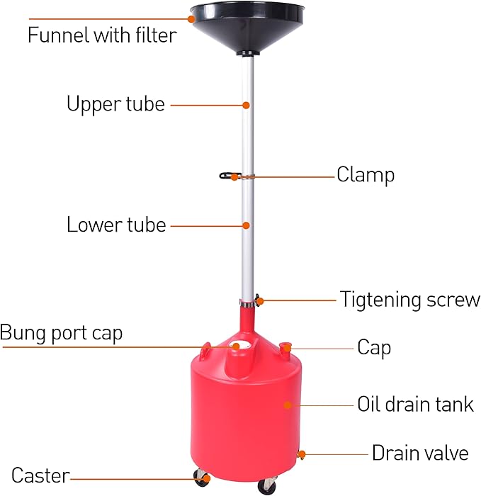 Aain 18 Gallon Industrial Waste Oil Drain Tank,Oil Changing,Portable Waste Oil Change Tank With Wheels and Adjustable funnel height for car, Funnel Drain, Red