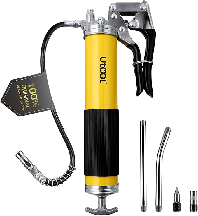 UTOOL Grease Gun, 8000 PSI Heavy Duty Pistol Grip Grease Gun Kit with 14 oz Capacity, 18 Inch Resin Flex Hose, 2 Basic Coupler, 2 Extension Rigid Pipe and 1 Sharp Type Nozzle, Argent Matte Finish