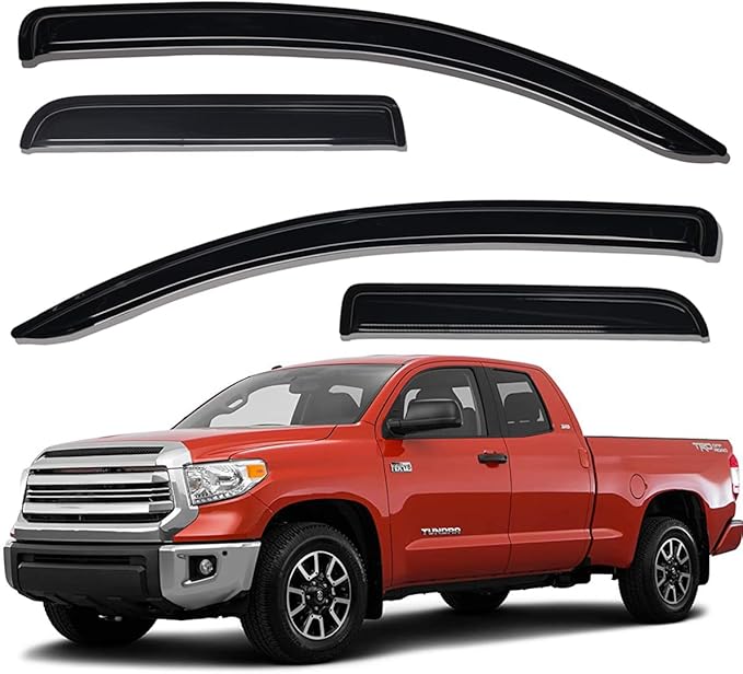 Lightronic Extra Durable Outside-Mount Auto Vent Window Visor, Fits 2007-2021 Toyota Tundra, Double Cab, UV Protection Rain Guard, Original Wind Deflector, No-Drill Easy Install, Dark Smoke, 4-Pcs