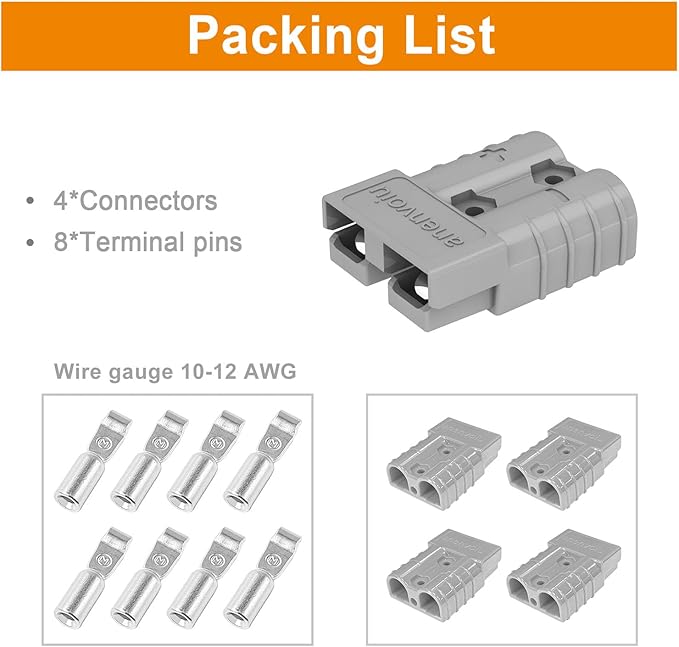Connector, Quick Connect/Disconnect Battery Plug Connector Interchange Genderless Design Suitable for Car Trailer Winch Hoist Motor Electrical Equipment (Grey 50A 4 Pack 10-12 AWG)