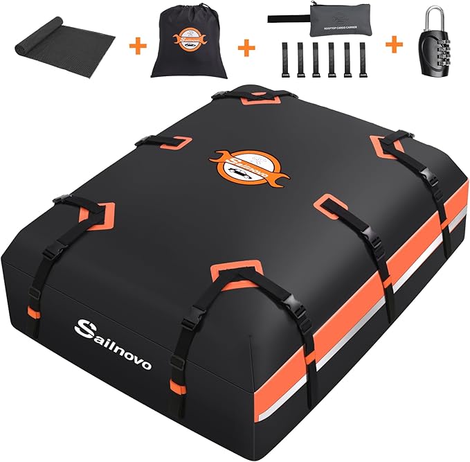 Sailnovo Car Rooftop Cargo Carrier 21 Cubic Feet, Waterproof 1000D PVC Car Roof Bag with Anti-Slip Mat, Combination Lock, Storage Bag, Door Hooks & Tie-Down Strap fit Vehicle with/Without Luggage Rack
