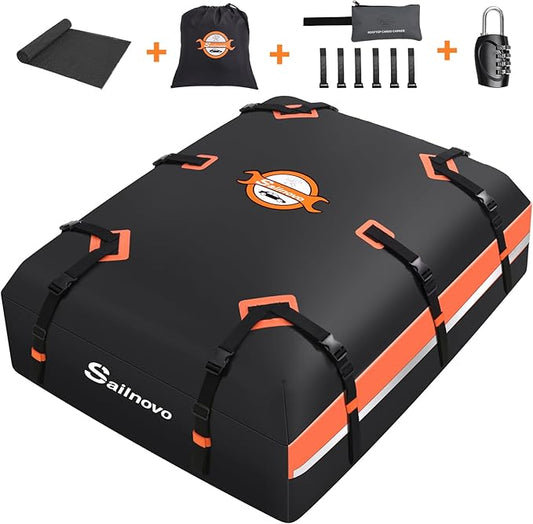 Sailnovo Car Rooftop Cargo Carrier 21 Cubic Feet, Waterproof 1000D PVC Car Roof Bag with Anti-Slip Mat, Combination Lock, Storage Bag, Door Hooks & Tie-Down Strap fit Vehicle with/Without Luggage Rack