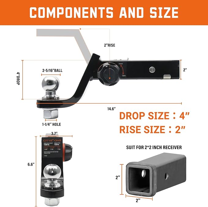 Endo-Hitch Trailer Ball Mount, Reduce Sway Anti-Rattle, 4" Drop Hitch with 2-5/16" Ball for 2" Receiver, Tow Hitch with Lock for Rv/Truck/Yachts/ATV/UTV, 10000 LBS GTW