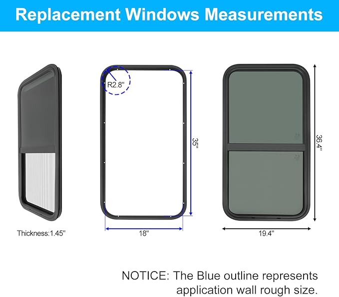 18" W x 35" H RV Window Vertical Sliding, DOT Certified - Shatterproof Tempered Tinted Glass, with Net Screen and Trim Ring, Teardrop Replacement Trailer Camper Window