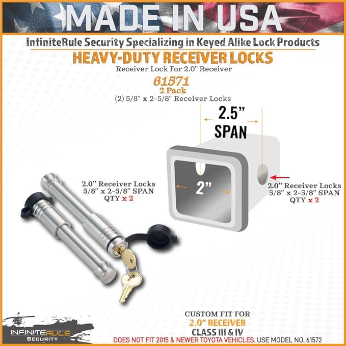 61571 | 2 Pack, Keyed Alike, Receiver Locks for 2" Receiver - Class III & IV