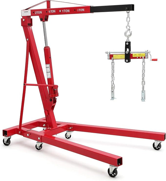2 Ton Folding Hydraulic Engine Hoist with Load Leveler 4400 LBS Capacity Heavy Duty Cherry Picker 6 Swivel Wheels&Hydraulic Pump Adjustable Boom (0.5T-2T) for Garage Workshop Warehouse Red